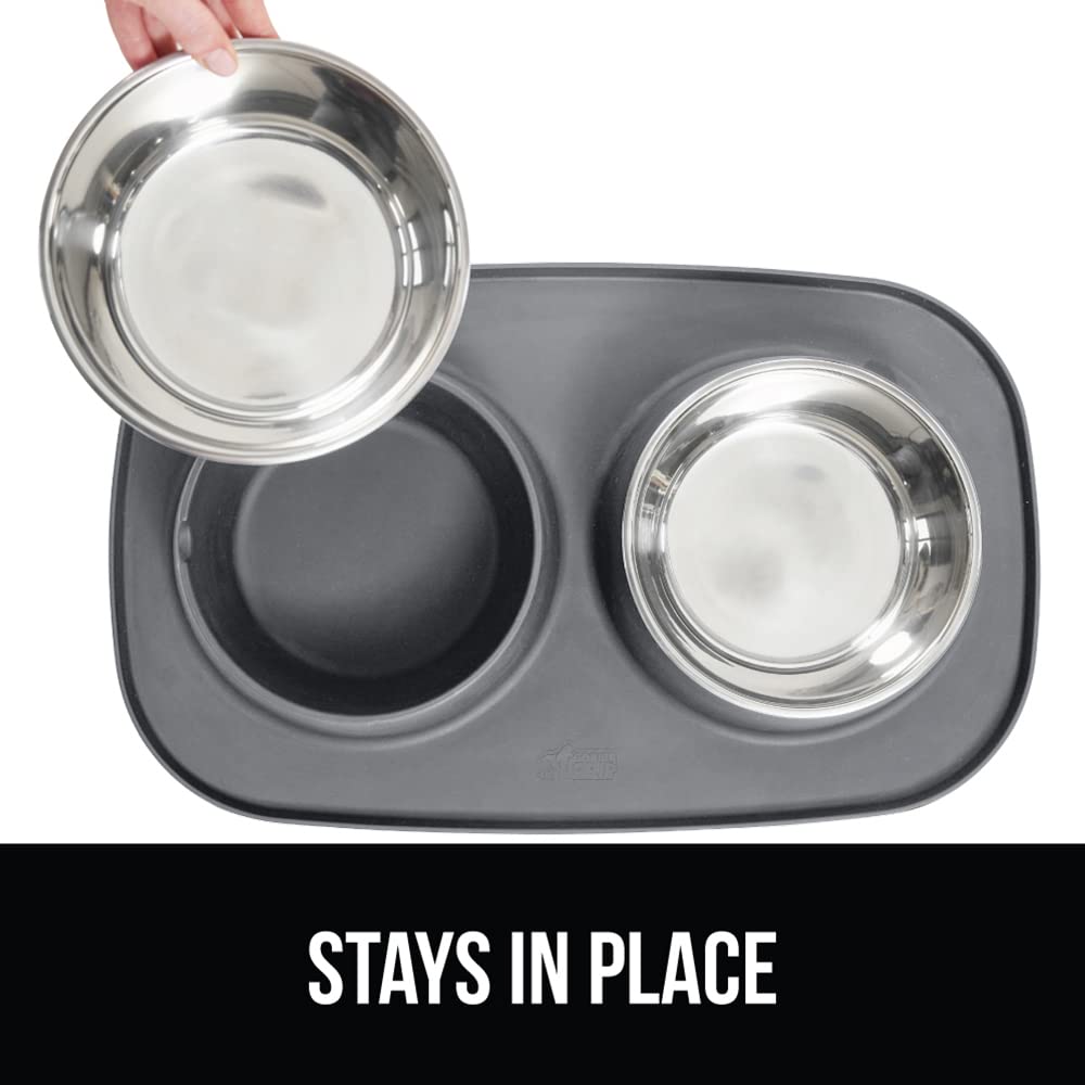 GORILLA GRIP Dog Bowl Set with Slip Resistant Silicone Feeding Mat, 3 Cup, Food Grade 304 Stainless Steel Bowls, BPA Free, High Edge Spill Containment, Dishwasher Safe, Finger Notch Removal, Beige
