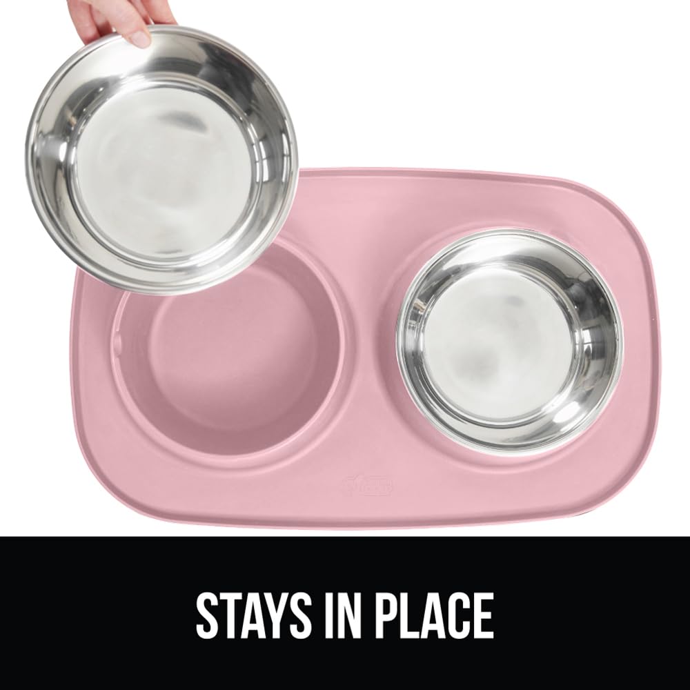 GORILLA GRIP Dog Bowl Set with Slip Resistant Silicone Feeding Mat, 3 Cup, Food Grade 304 Stainless Steel Bowls, BPA Free, High Edge Spill Containment, Dishwasher Safe, Finger Notch Removal, Beige