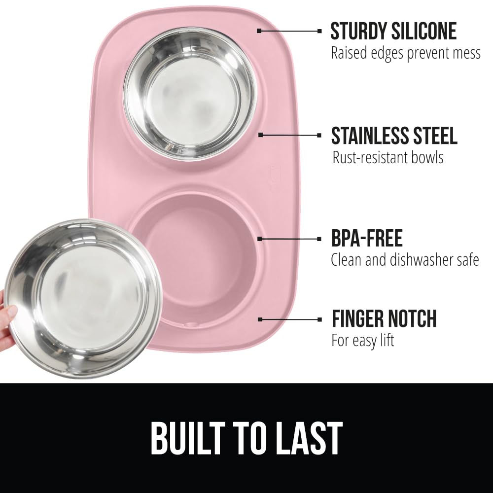 GORILLA GRIP Dog Bowl Set with Slip Resistant Silicone Feeding Mat, 3 Cup, Food Grade 304 Stainless Steel Bowls, BPA Free, High Edge Spill Containment, Dishwasher Safe, Finger Notch Removal, Beige