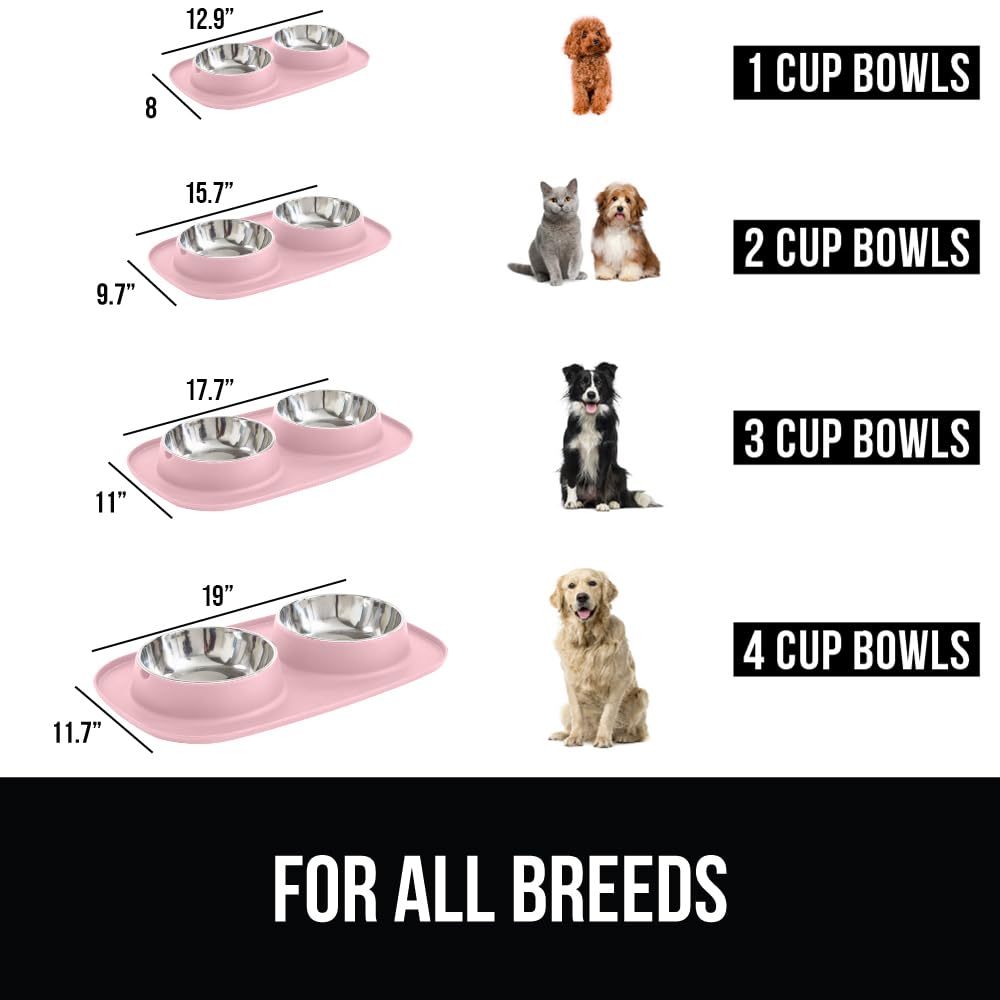 GORILLA GRIP Dog Bowl Set with Slip Resistant Silicone Feeding Mat, 3 Cup, Food Grade 304 Stainless Steel Bowls, BPA Free, High Edge Spill Containment, Dishwasher Safe, Finger Notch Removal, Beige