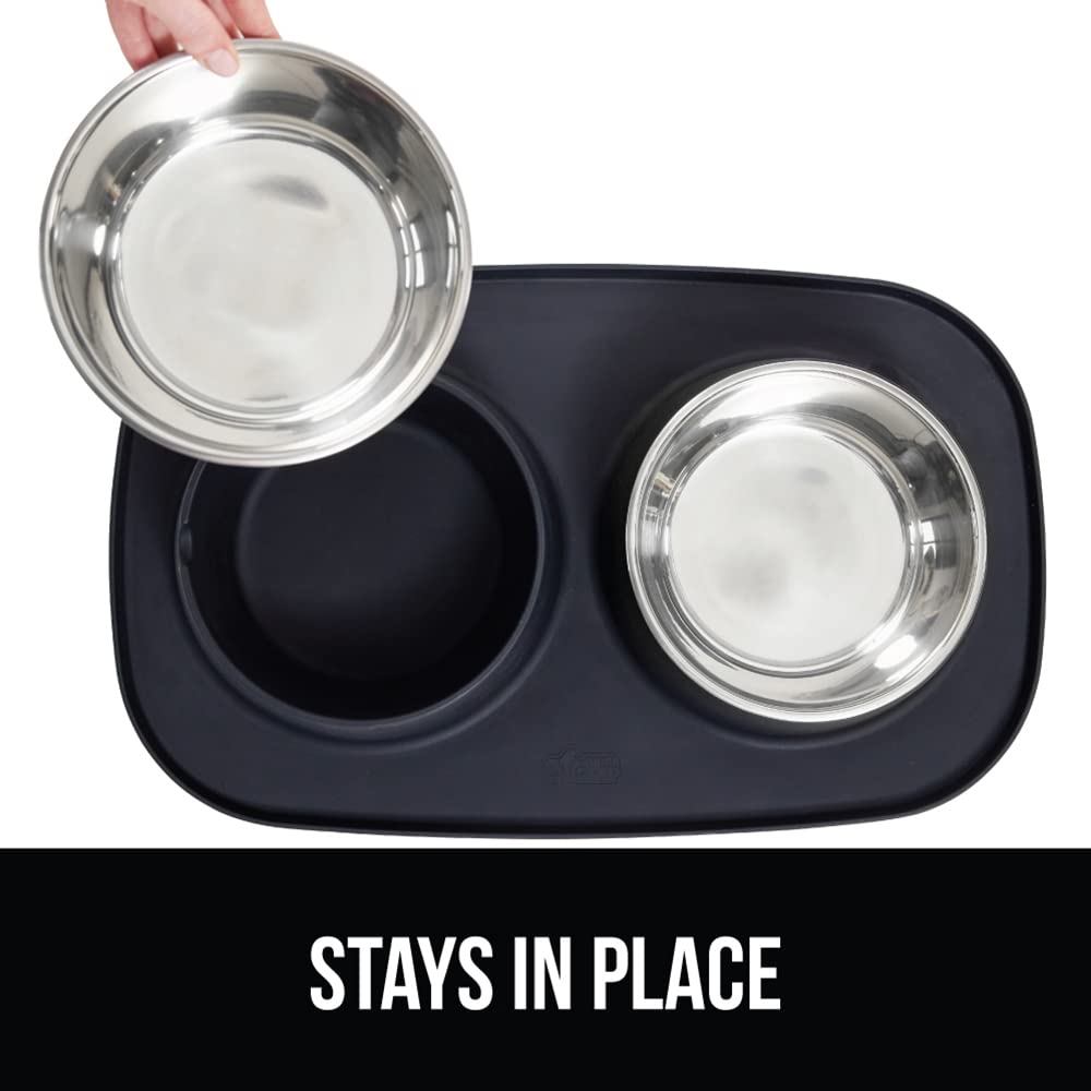 GORILLA GRIP Dog Bowl Set with Slip Resistant Silicone Feeding Mat, 3 Cup, Food Grade 304 Stainless Steel Bowls, BPA Free, High Edge Spill Containment, Dishwasher Safe, Finger Notch Removal, Beige