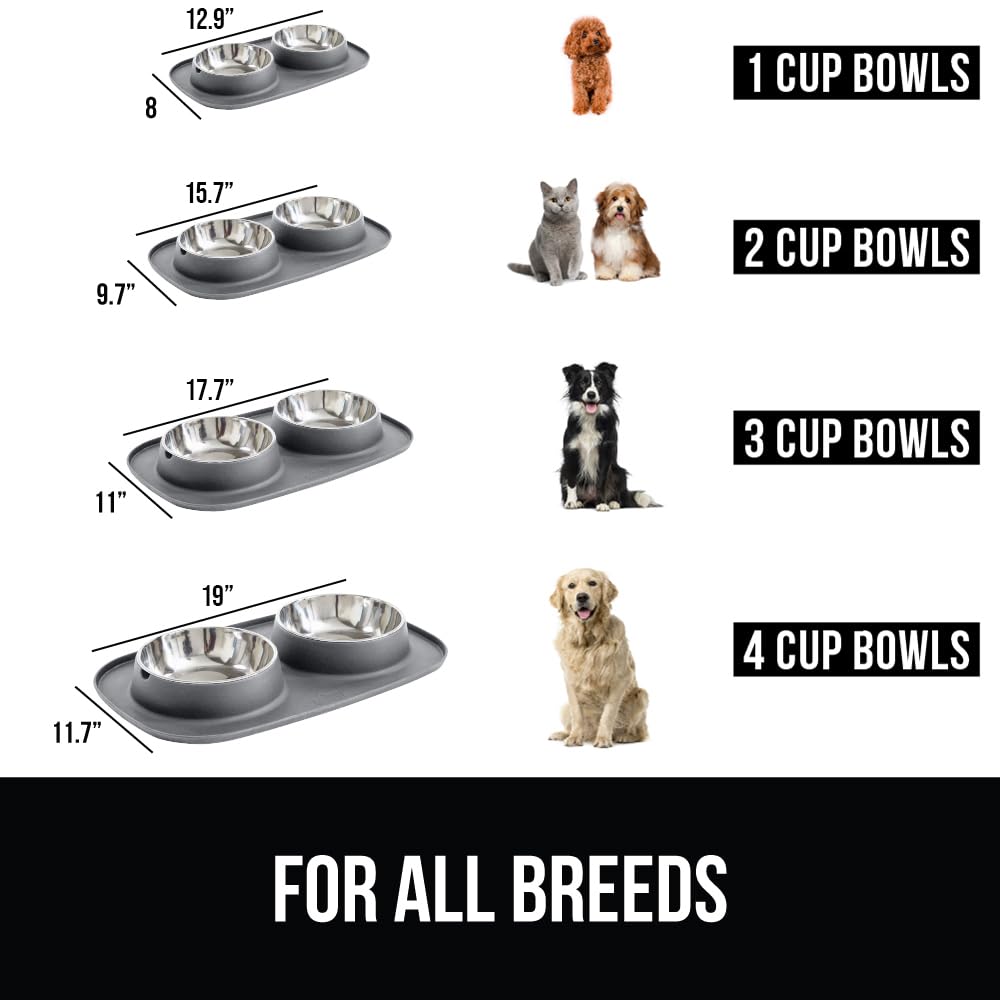 GORILLA GRIP Dog Bowl Set with Slip Resistant Silicone Feeding Mat, 3 Cup, Food Grade 304 Stainless Steel Bowls, BPA Free, High Edge Spill Containment, Dishwasher Safe, Finger Notch Removal, Beige