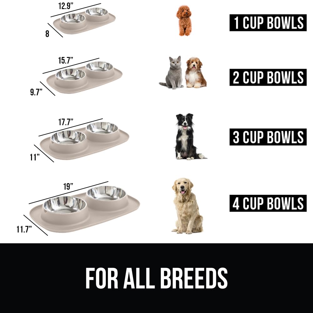 GORILLA GRIP Dog Bowl Set with Slip Resistant Silicone Feeding Mat, 3 Cup, Food Grade 304 Stainless Steel Bowls, BPA Free, High Edge Spill Containment, Dishwasher Safe, Finger Notch Removal, Beige