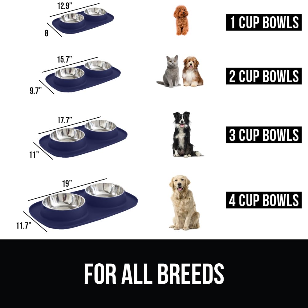 GORILLA GRIP Dog Bowl Set with Slip Resistant Silicone Feeding Mat, 3 Cup, Food Grade 304 Stainless Steel Bowls, BPA Free, High Edge Spill Containment, Dishwasher Safe, Finger Notch Removal, Beige
