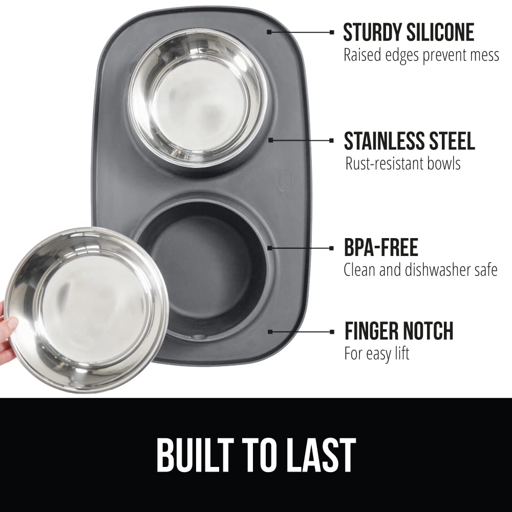 GORILLA GRIP Dog Bowl Set with Slip Resistant Silicone Feeding Mat, 3 Cup, Food Grade 304 Stainless Steel Bowls, BPA Free, High Edge Spill Containment, Dishwasher Safe, Finger Notch Removal, Beige