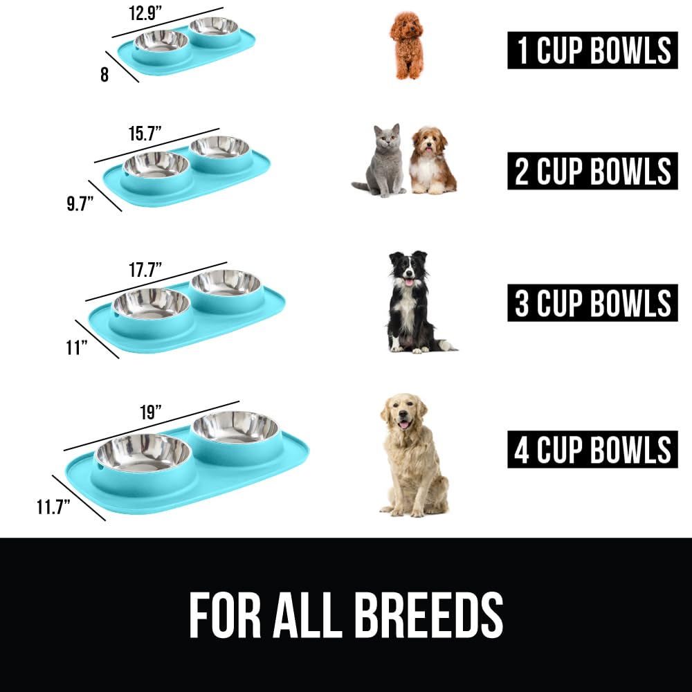 GORILLA GRIP Dog Bowl Set with Slip Resistant Silicone Feeding Mat, 3 Cup, Food Grade 304 Stainless Steel Bowls, BPA Free, High Edge Spill Containment, Dishwasher Safe, Finger Notch Removal, Beige