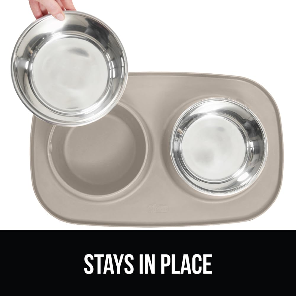 GORILLA GRIP Dog Bowl Set with Slip Resistant Silicone Feeding Mat, 3 Cup, Food Grade 304 Stainless Steel Bowls, BPA Free, High Edge Spill Containment, Dishwasher Safe, Finger Notch Removal, Beige