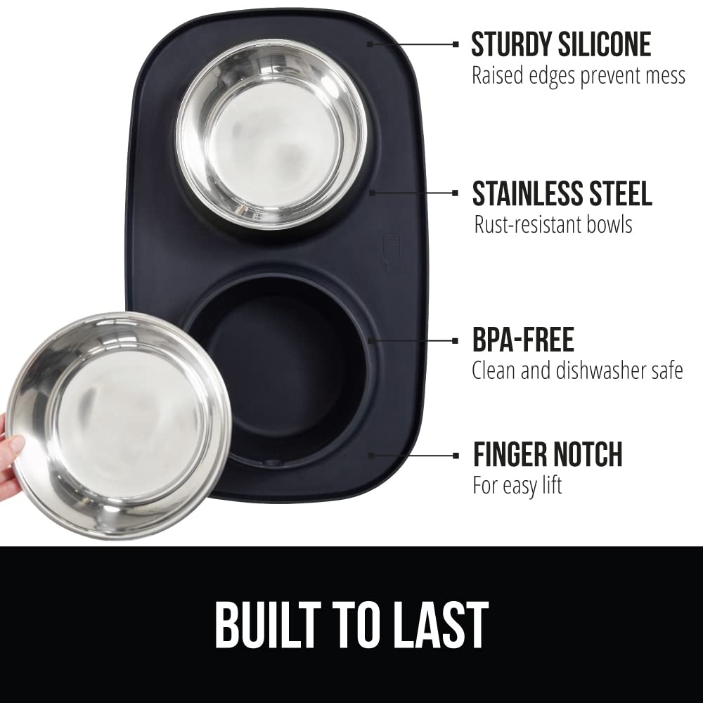 GORILLA GRIP Dog Bowl Set with Slip Resistant Silicone Feeding Mat, 3 Cup, Food Grade 304 Stainless Steel Bowls, BPA Free, High Edge Spill Containment, Dishwasher Safe, Finger Notch Removal, Beige