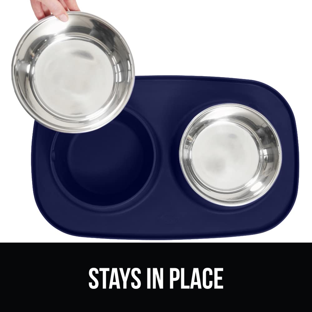 GORILLA GRIP Dog Bowl Set with Slip Resistant Silicone Feeding Mat, 3 Cup, Food Grade 304 Stainless Steel Bowls, BPA Free, High Edge Spill Containment, Dishwasher Safe, Finger Notch Removal, Beige