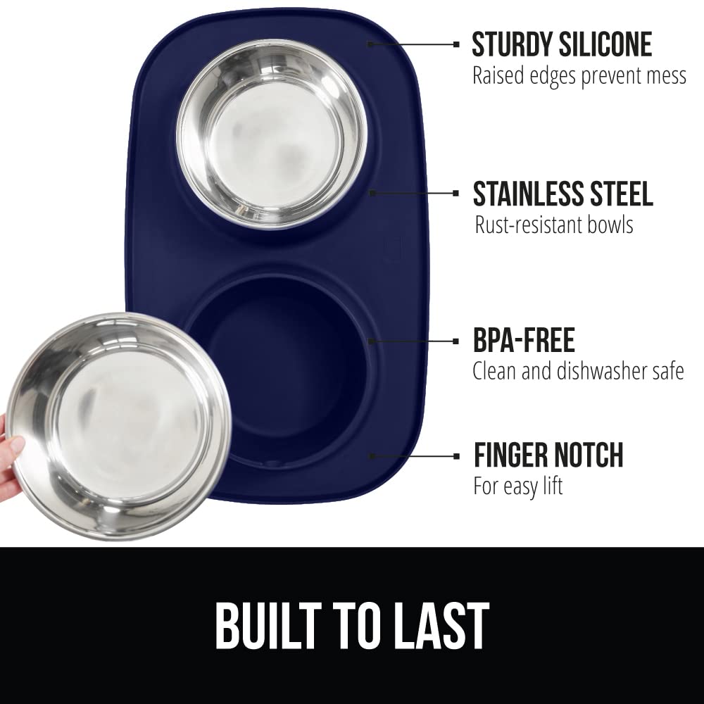 GORILLA GRIP Dog Bowl Set with Slip Resistant Silicone Feeding Mat, 3 Cup, Food Grade 304 Stainless Steel Bowls, BPA Free, High Edge Spill Containment, Dishwasher Safe, Finger Notch Removal, Beige