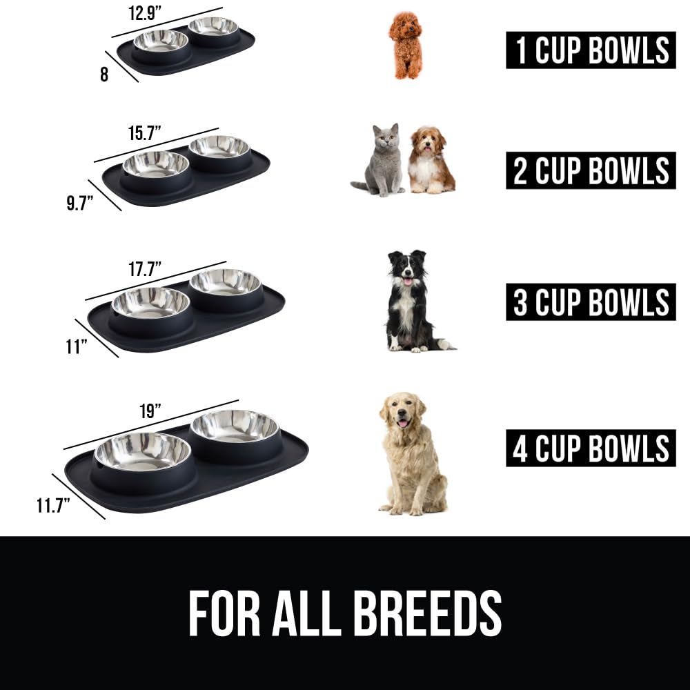 GORILLA GRIP Dog Bowl Set with Slip Resistant Silicone Feeding Mat, 3 Cup, Food Grade 304 Stainless Steel Bowls, BPA Free, High Edge Spill Containment, Dishwasher Safe, Finger Notch Removal, Beige