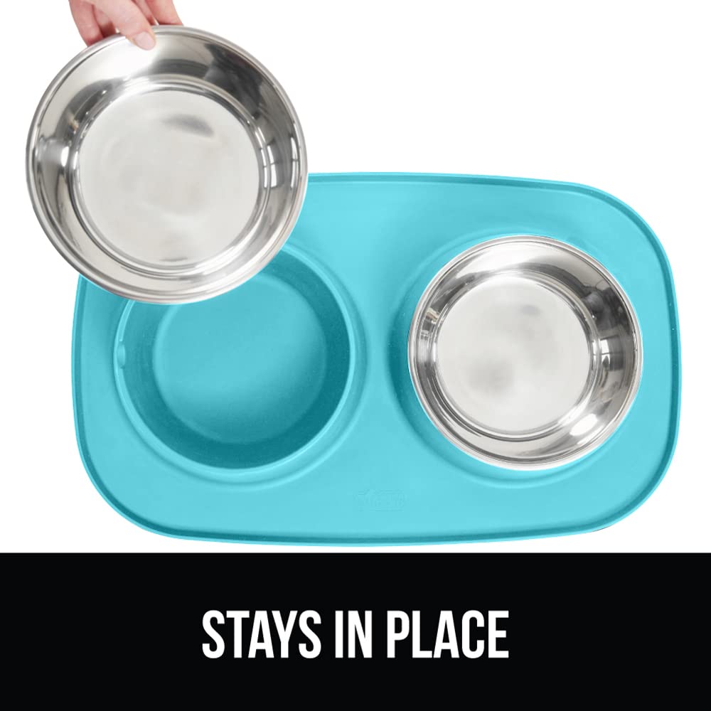 GORILLA GRIP Dog Bowl Set with Slip Resistant Silicone Feeding Mat, 3 Cup, Food Grade 304 Stainless Steel Bowls, BPA Free, High Edge Spill Containment, Dishwasher Safe, Finger Notch Removal, Beige