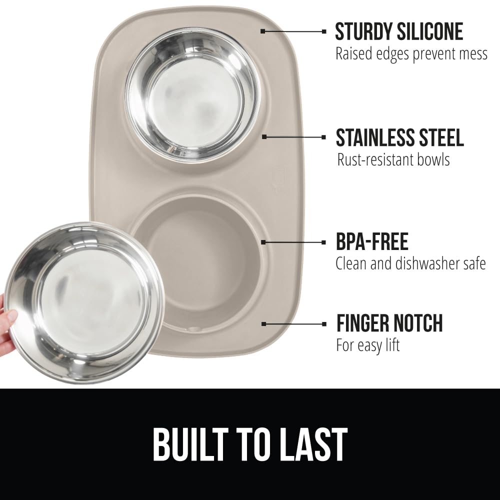 GORILLA GRIP Dog Bowl Set with Slip Resistant Silicone Feeding Mat, 3 Cup, Food Grade 304 Stainless Steel Bowls, BPA Free, High Edge Spill Containment, Dishwasher Safe, Finger Notch Removal, Beige