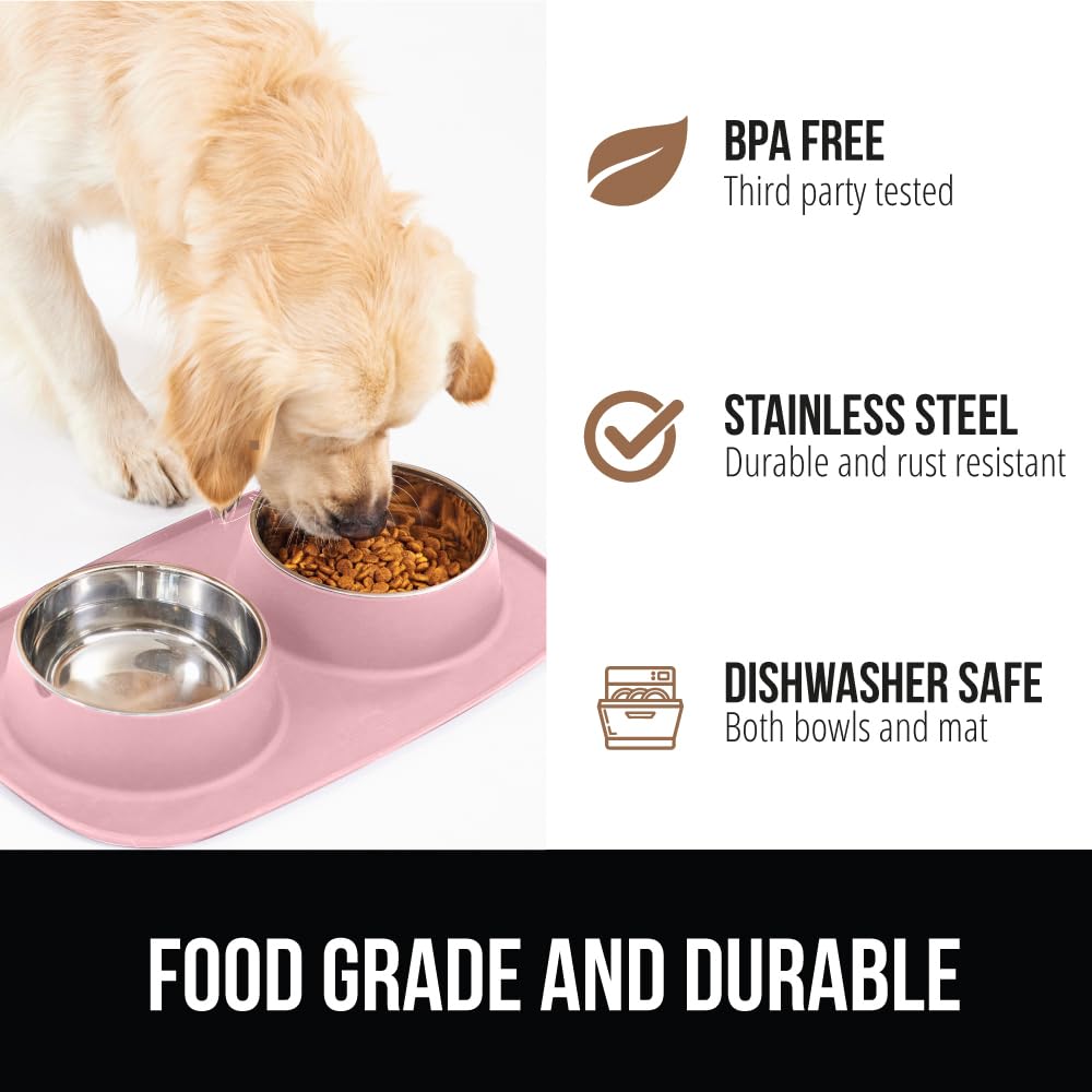 GORILLA GRIP Dog Bowl Set with Slip Resistant Silicone Feeding Mat, 3 Cup, Food Grade 304 Stainless Steel Bowls, BPA Free, High Edge Spill Containment, Dishwasher Safe, Finger Notch Removal, Beige