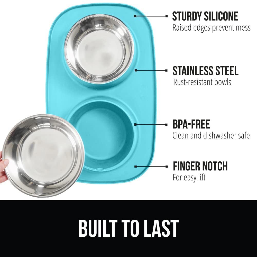 GORILLA GRIP Dog Bowl Set with Slip Resistant Silicone Feeding Mat, 3 Cup, Food Grade 304 Stainless Steel Bowls, BPA Free, High Edge Spill Containment, Dishwasher Safe, Finger Notch Removal, Beige