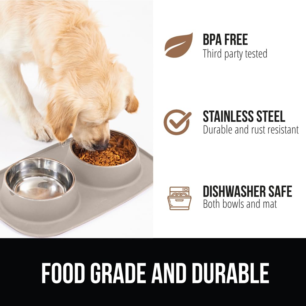 GORILLA GRIP Dog Bowl Set with Slip Resistant Silicone Feeding Mat, 3 Cup, Food Grade 304 Stainless Steel Bowls, BPA Free, High Edge Spill Containment, Dishwasher Safe, Finger Notch Removal, Beige