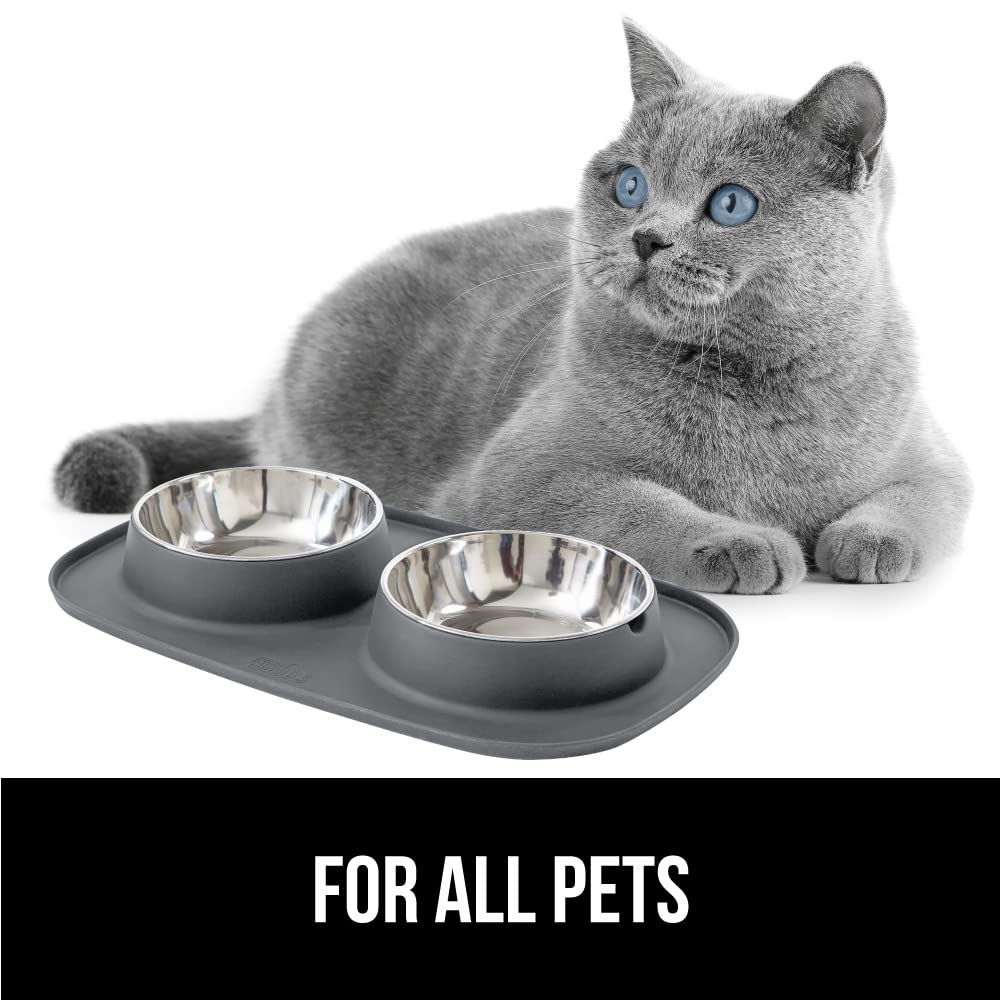 GORILLA GRIP Dog Bowl Set with Slip Resistant Silicone Feeding Mat, 3 Cup, Food Grade 304 Stainless Steel Bowls, BPA Free, High Edge Spill Containment, Dishwasher Safe, Finger Notch Removal, Beige