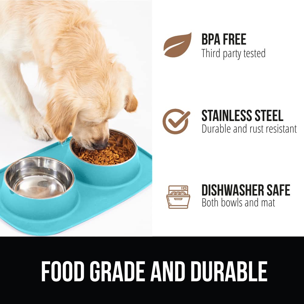 GORILLA GRIP Dog Bowl Set with Slip Resistant Silicone Feeding Mat, 3 Cup, Food Grade 304 Stainless Steel Bowls, BPA Free, High Edge Spill Containment, Dishwasher Safe, Finger Notch Removal, Beige