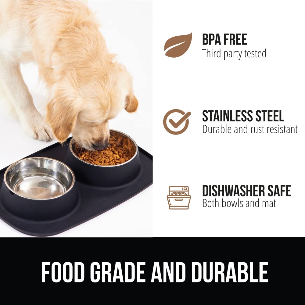 GORILLA GRIP Dog Bowl Set with Slip Resistant Silicone Feeding Mat, 3 Cup, Food Grade 304 Stainless Steel Bowls, BPA Free, High Edge Spill Containment, Dishwasher Safe, Finger Notch Removal, Beige