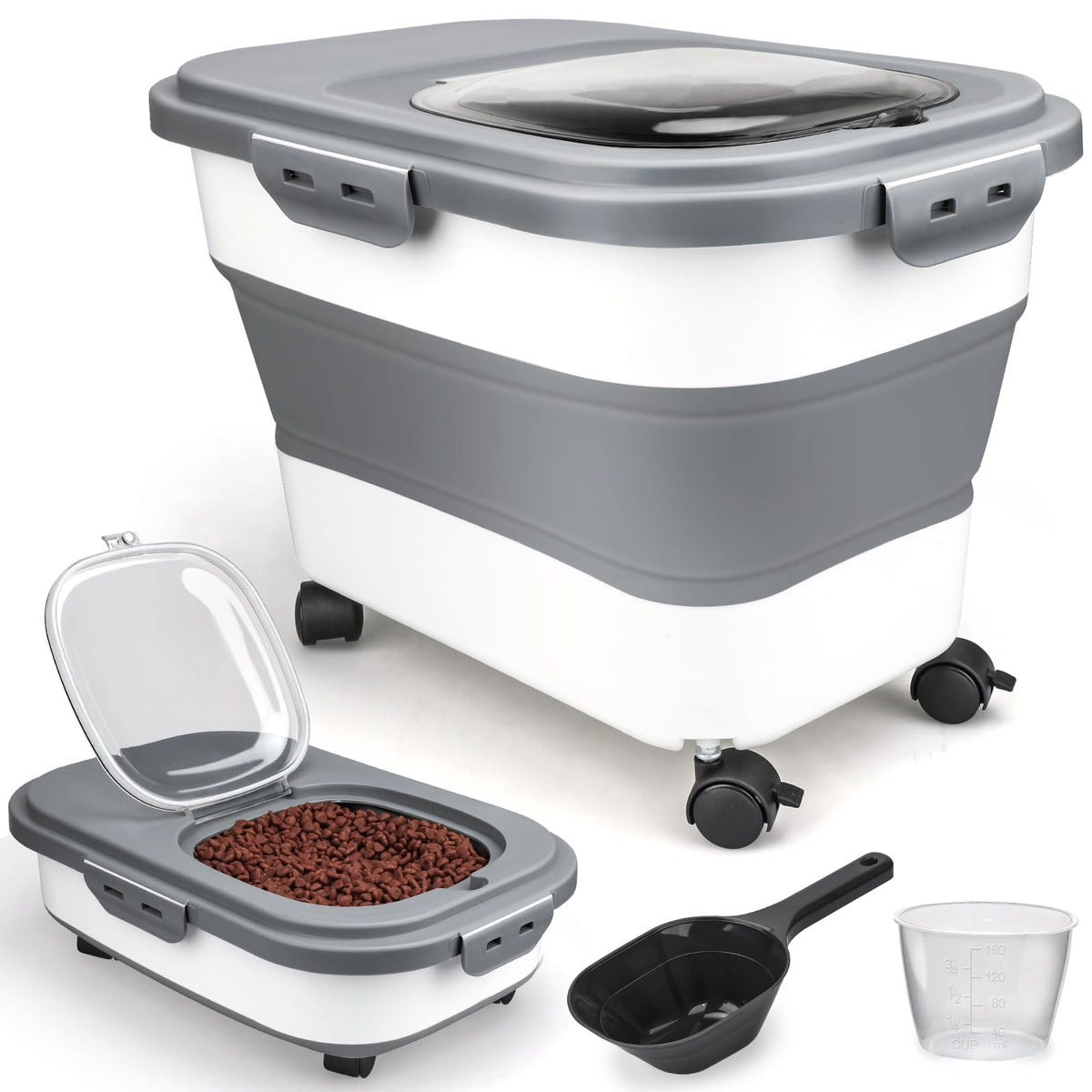 Viretec Dog Food Storage Container, 10-20Lbs Collapsible Pet Food Storage Containers with Rolling Wheel Airtight Locking Lid, Dry Food Storage Bin with Cup and Scoop,Suitable for Pet Food, Flour, Rice