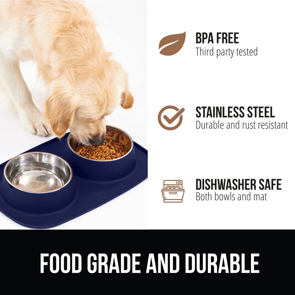 GORILLA GRIP Dog Bowl Set with Slip Resistant Silicone Feeding Mat, 3 Cup, Food Grade 304 Stainless Steel Bowls, BPA Free, High Edge Spill Containment, Dishwasher Safe, Finger Notch Removal, Beige