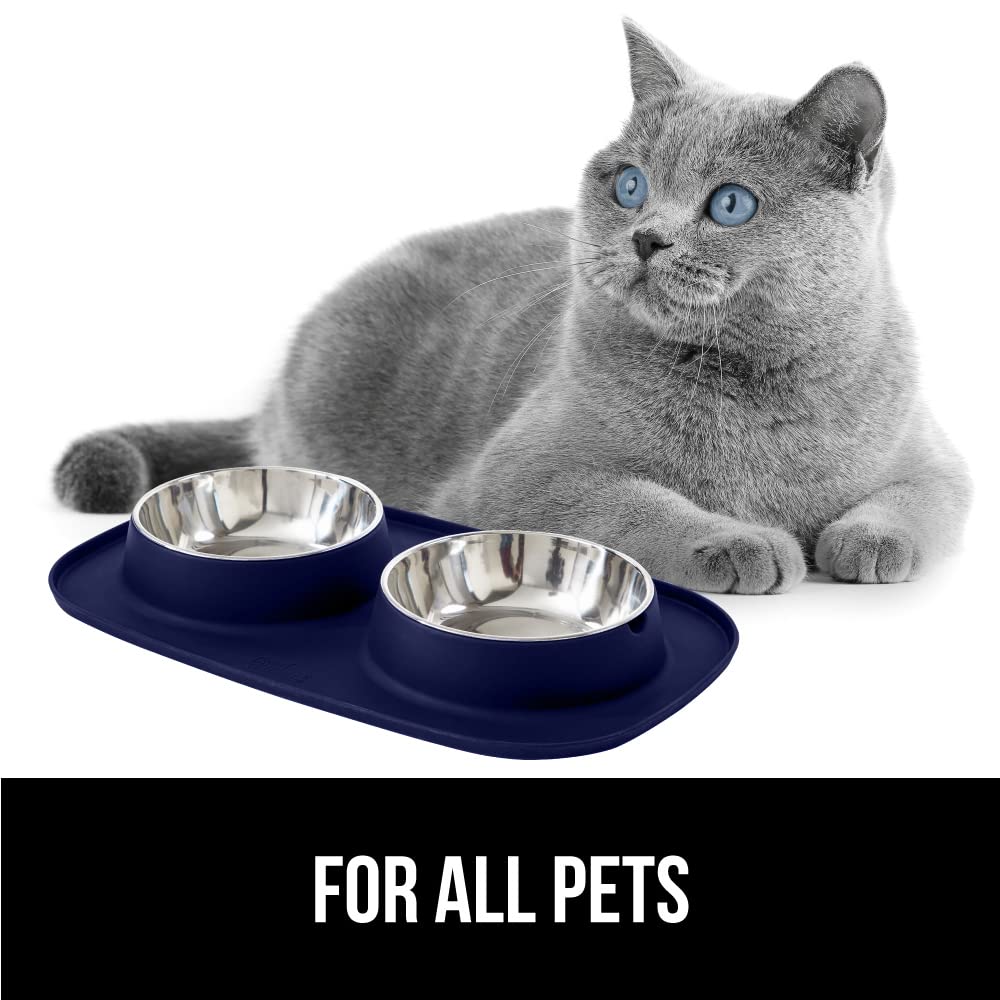 GORILLA GRIP Dog Bowl Set with Slip Resistant Silicone Feeding Mat, 3 Cup, Food Grade 304 Stainless Steel Bowls, BPA Free, High Edge Spill Containment, Dishwasher Safe, Finger Notch Removal, Beige