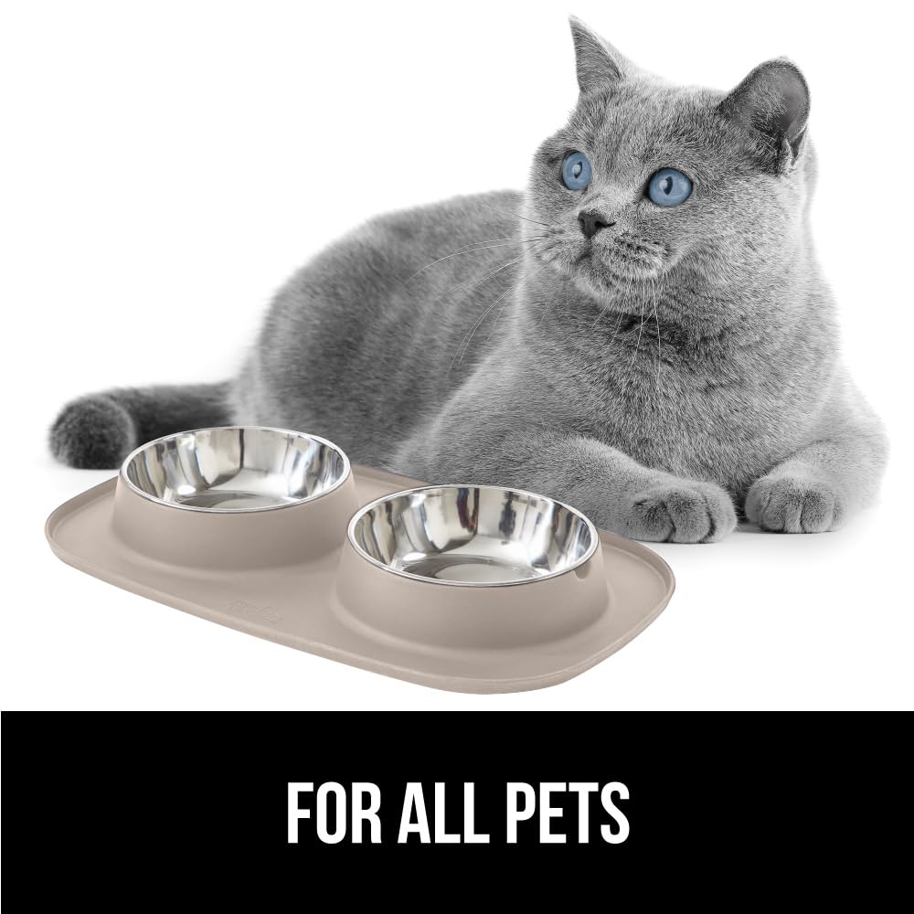 GORILLA GRIP Dog Bowl Set with Slip Resistant Silicone Feeding Mat, 3 Cup, Food Grade 304 Stainless Steel Bowls, BPA Free, High Edge Spill Containment, Dishwasher Safe, Finger Notch Removal, Beige