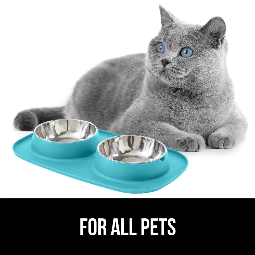 GORILLA GRIP Dog Bowl Set with Slip Resistant Silicone Feeding Mat, 3 Cup, Food Grade 304 Stainless Steel Bowls, BPA Free, High Edge Spill Containment, Dishwasher Safe, Finger Notch Removal, Beige