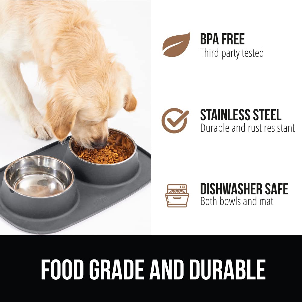 GORILLA GRIP Dog Bowl Set with Slip Resistant Silicone Feeding Mat, 3 Cup, Food Grade 304 Stainless Steel Bowls, BPA Free, High Edge Spill Containment, Dishwasher Safe, Finger Notch Removal, Beige
