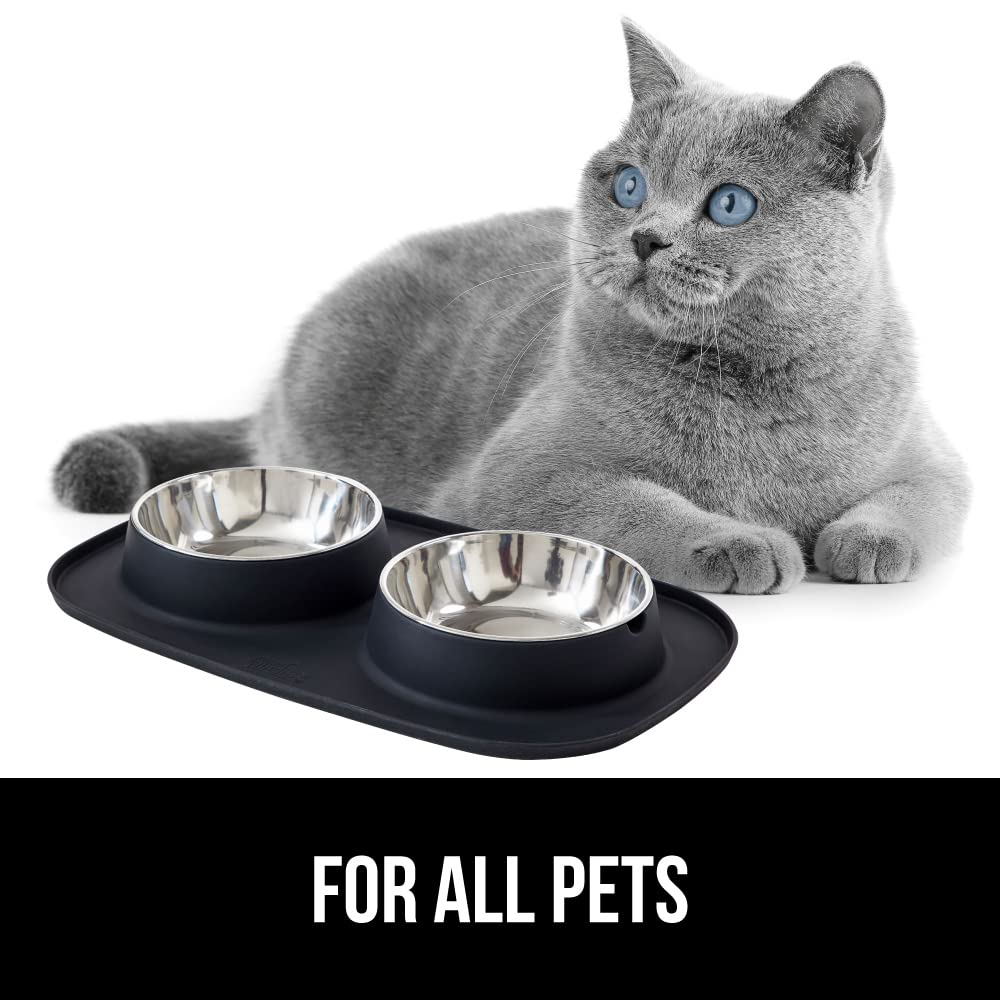 GORILLA GRIP Dog Bowl Set with Slip Resistant Silicone Feeding Mat, 3 Cup, Food Grade 304 Stainless Steel Bowls, BPA Free, High Edge Spill Containment, Dishwasher Safe, Finger Notch Removal, Beige