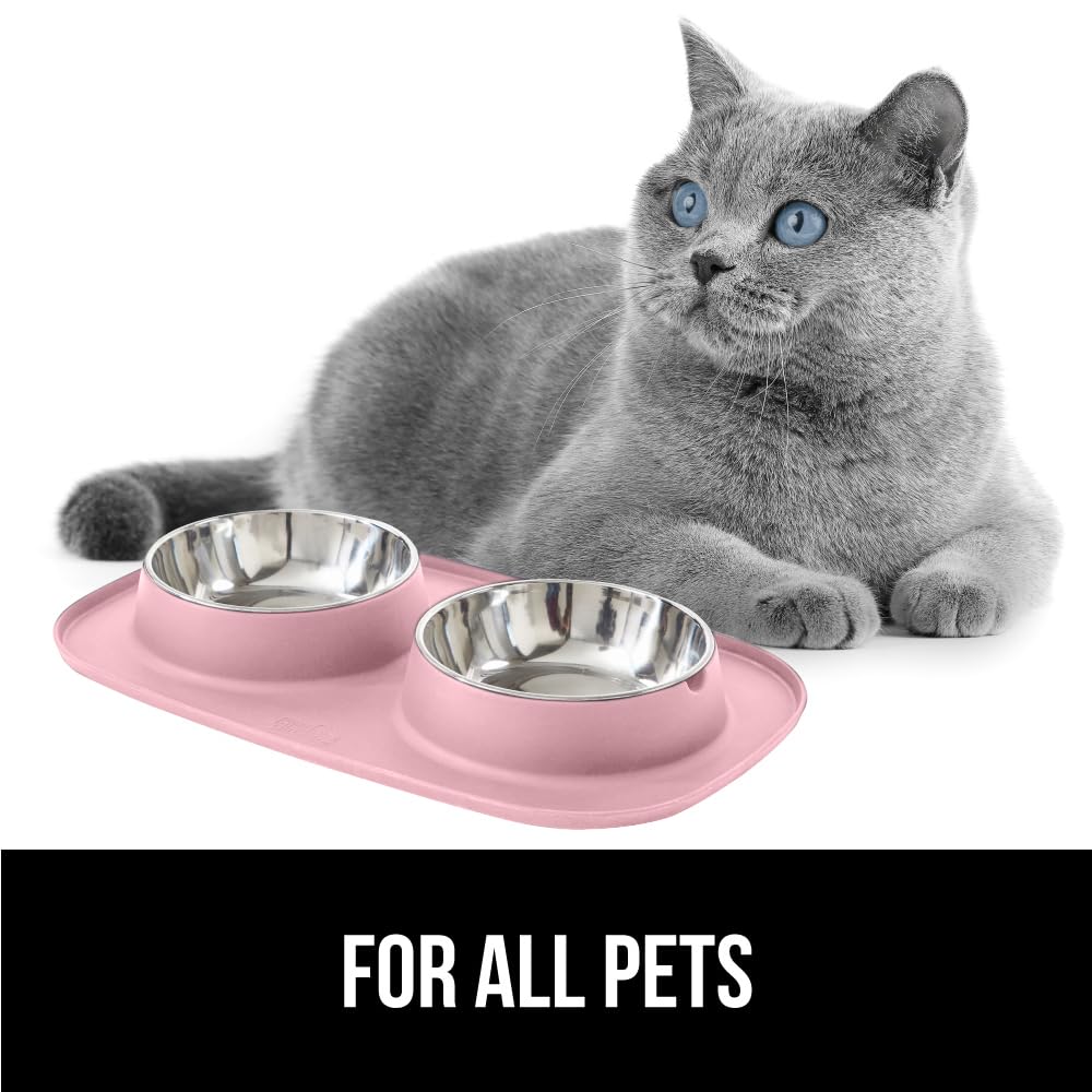 GORILLA GRIP Dog Bowl Set with Slip Resistant Silicone Feeding Mat, 3 Cup, Food Grade 304 Stainless Steel Bowls, BPA Free, High Edge Spill Containment, Dishwasher Safe, Finger Notch Removal, Beige