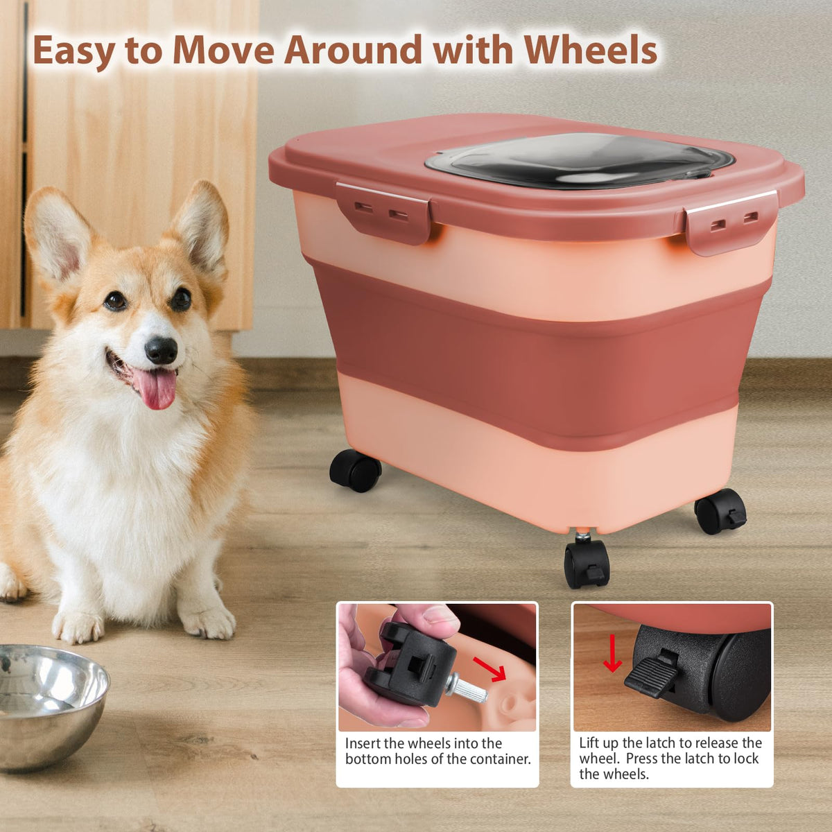 Viretec Dog Food Storage Container, 10-20Lbs Collapsible Pet Food Storage Containers with Rolling Wheel Airtight Locking Lid, Dry Food Storage Bin with Cup and Scoop,Suitable for Pet Food, Flour, Rice