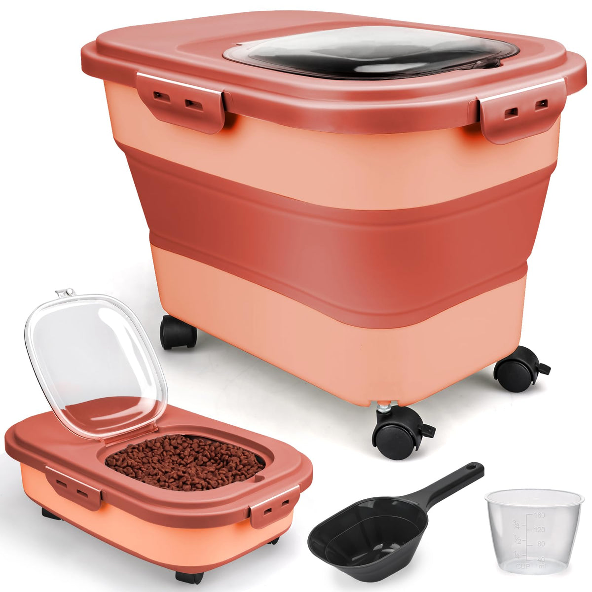 Viretec Dog Food Storage Container, 10-20Lbs Collapsible Pet Food Storage Containers with Rolling Wheel Airtight Locking Lid, Dry Food Storage Bin with Cup and Scoop,Suitable for Pet Food, Flour, Rice