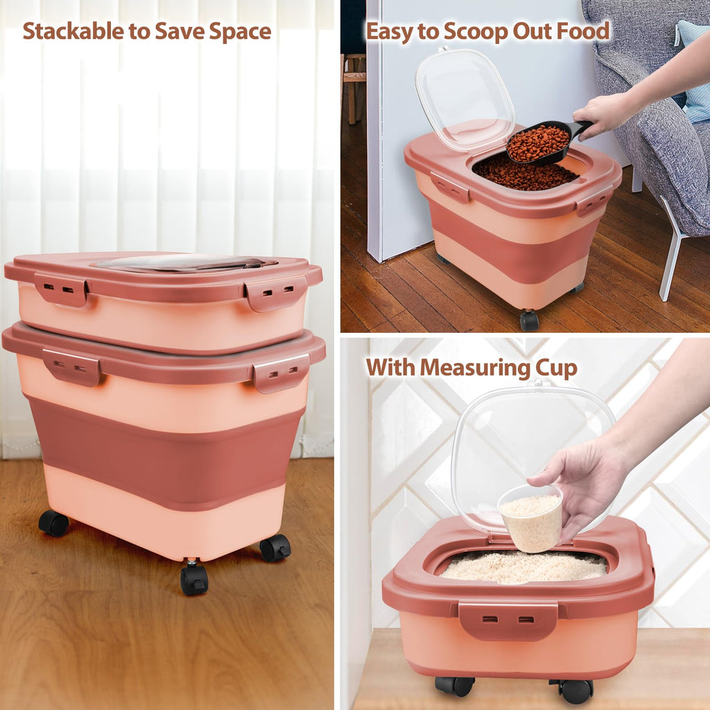 Viretec Dog Food Storage Container, 10-20Lbs Collapsible Pet Food Storage Containers with Rolling Wheel Airtight Locking Lid, Dry Food Storage Bin with Cup and Scoop,Suitable for Pet Food, Flour, Rice
