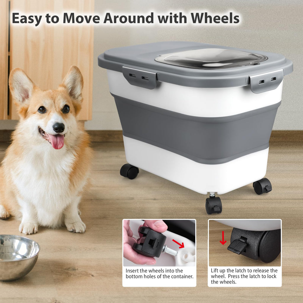 Viretec Dog Food Storage Container, 10-20Lbs Collapsible Pet Food Storage Containers with Rolling Wheel Airtight Locking Lid, Dry Food Storage Bin with Cup and Scoop,Suitable for Pet Food, Flour, Rice