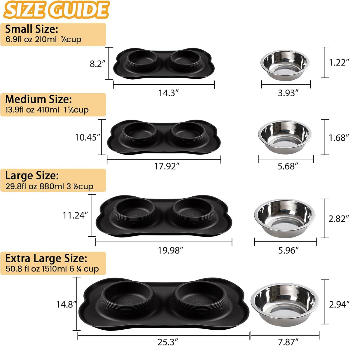 Hubulk Pet Dog Bowls 2 Stainless Steel Dog Bowl with No Spill Non-Skid Silicone Mat + Pet Food Scoop Water and Food Feeder Bowls for Feeding Small Medium Large Dogs Cats Puppies (M, Black)