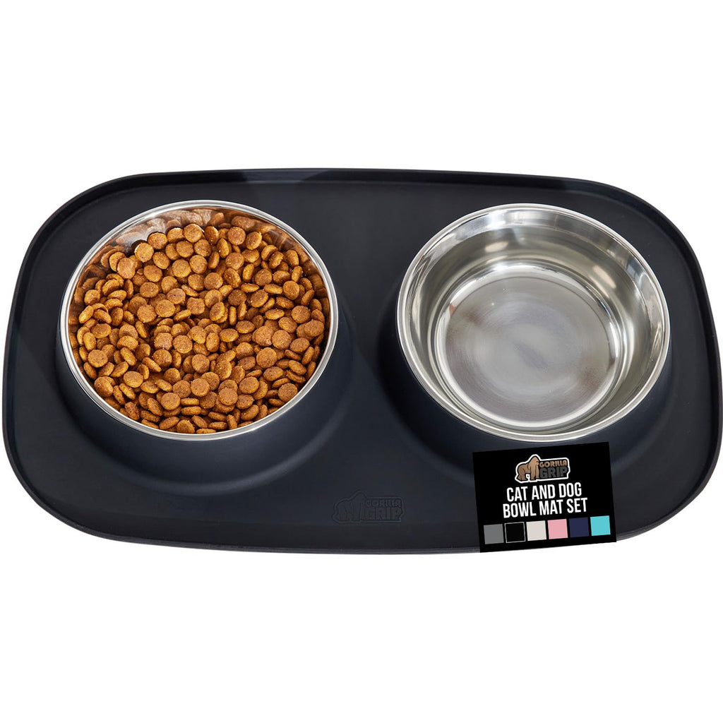 GORILLA GRIP Dog Bowl Set with Slip Resistant Silicone Feeding Mat, 3 Cup, Food Grade 304 Stainless Steel Bowls, BPA Free, High Edge Spill Containment, Dishwasher Safe, Finger Notch Removal, Beige