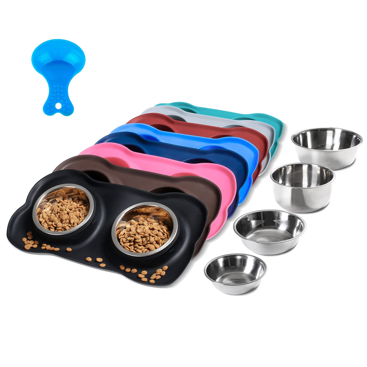 Hubulk Pet Dog Bowls 2 Stainless Steel Dog Bowl with No Spill Non-Skid Silicone Mat + Pet Food Scoop Water and Food Feeder Bowls for Feeding Small Medium Large Dogs Cats Puppies (M, Black)