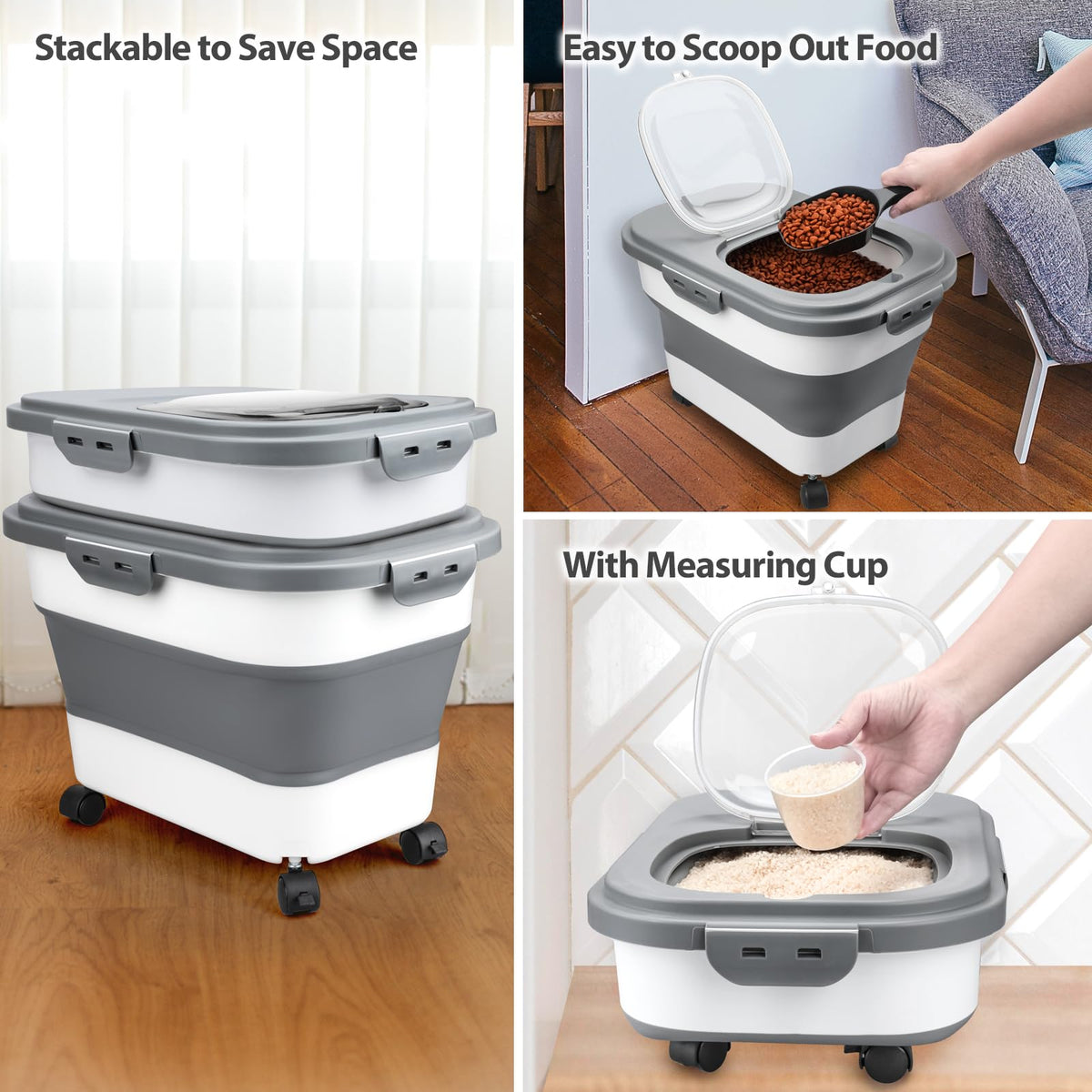Viretec Dog Food Storage Container, 10-20Lbs Collapsible Pet Food Storage Containers with Rolling Wheel Airtight Locking Lid, Dry Food Storage Bin with Cup and Scoop,Suitable for Pet Food, Flour, Rice