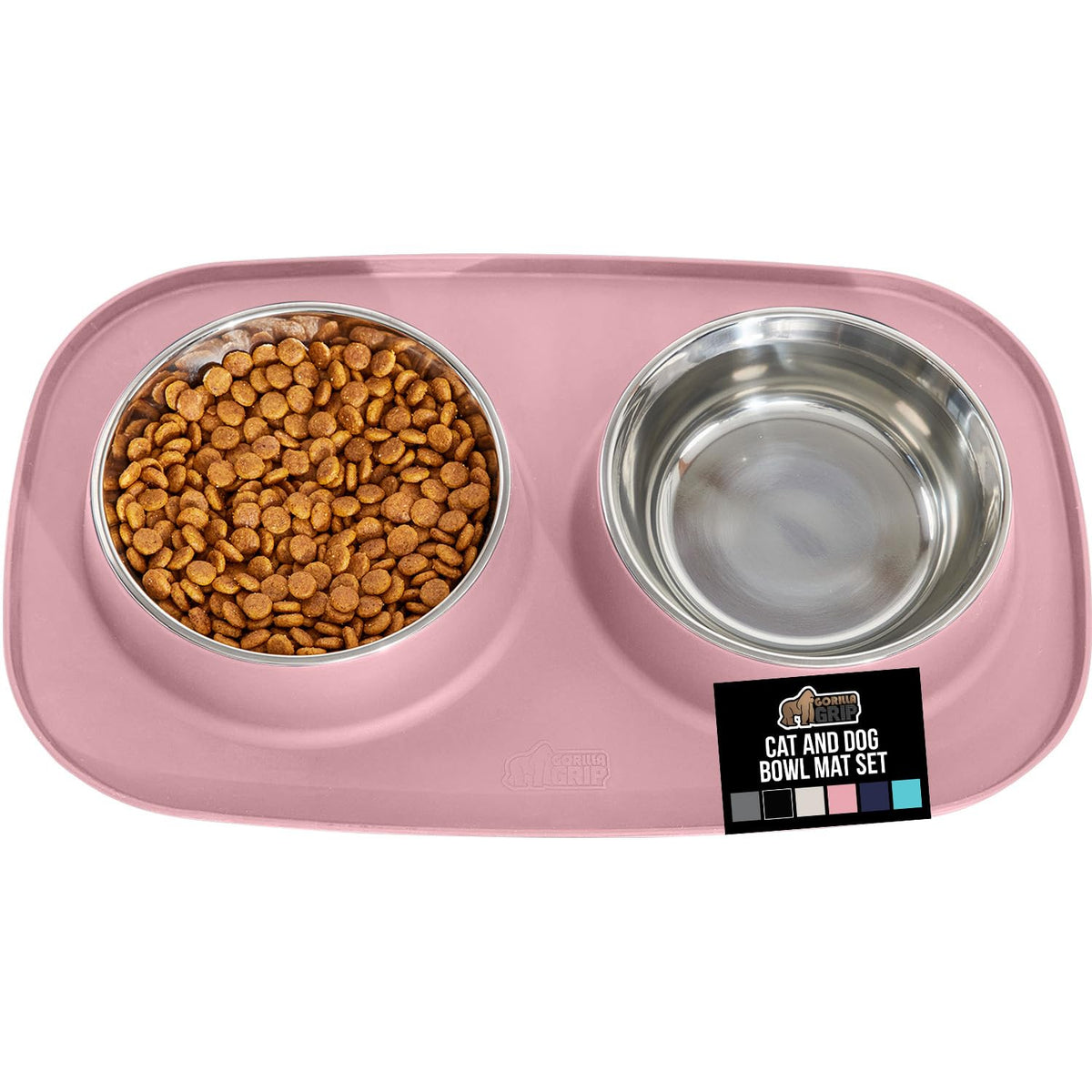 GORILLA GRIP Dog Bowl Set with Slip Resistant Silicone Feeding Mat, 3 Cup, Food Grade 304 Stainless Steel Bowls, BPA Free, High Edge Spill Containment, Dishwasher Safe, Finger Notch Removal, Beige