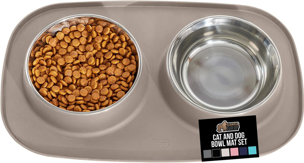 GORILLA GRIP Dog Bowl Set with Slip Resistant Silicone Feeding Mat, 3 Cup, Food Grade 304 Stainless Steel Bowls, BPA Free, High Edge Spill Containment, Dishwasher Safe, Finger Notch Removal, Beige