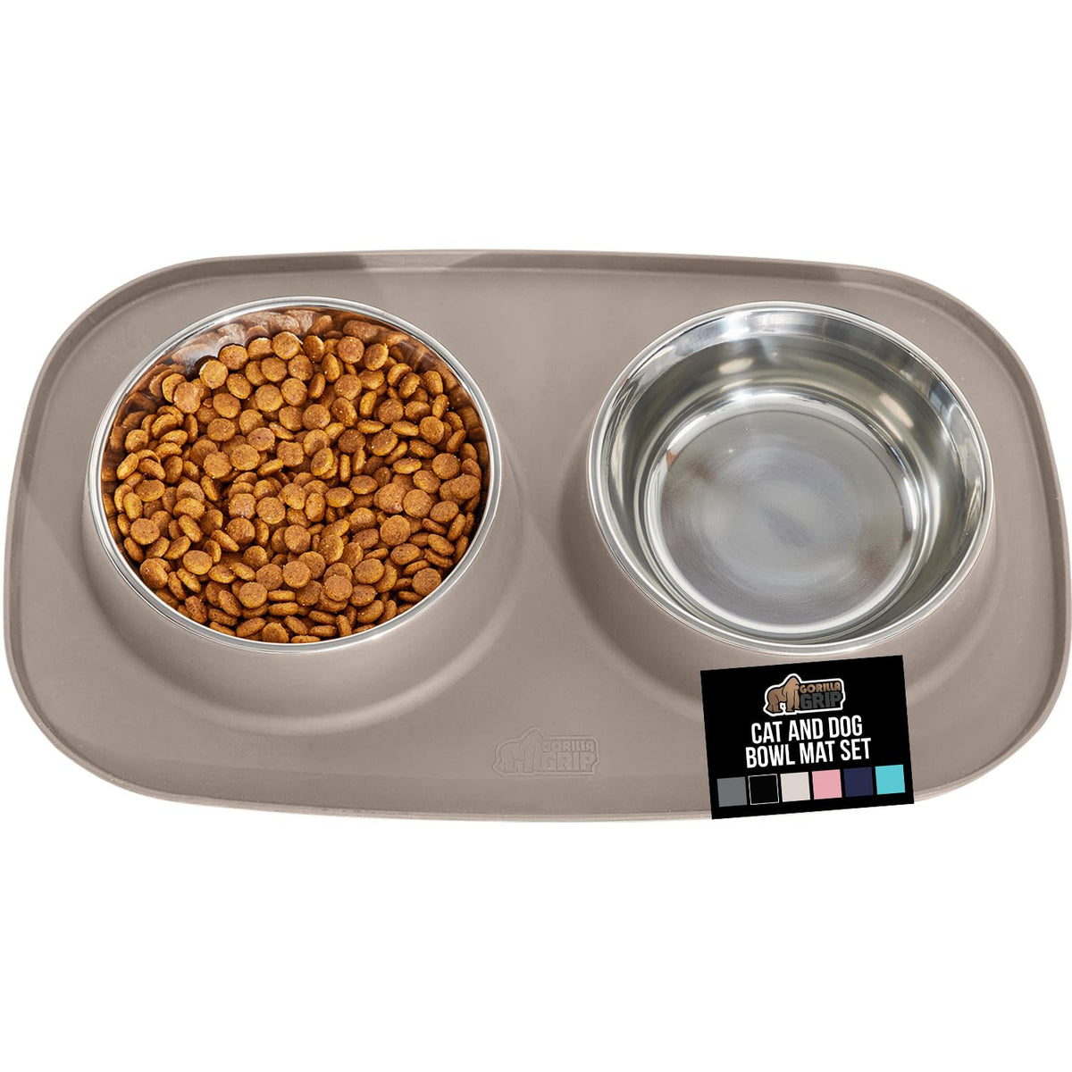 GORILLA GRIP Dog Bowl Set with Slip Resistant Silicone Feeding Mat, 3 Cup, Food Grade 304 Stainless Steel Bowls, BPA Free, High Edge Spill Containment, Dishwasher Safe, Finger Notch Removal, Beige