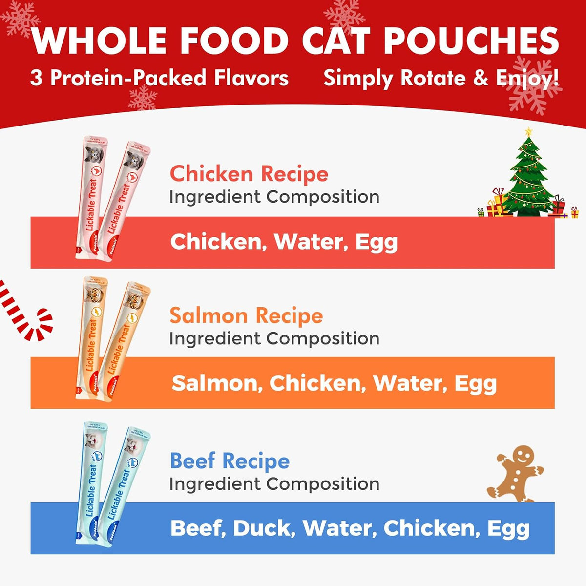 Lickable Cat Treats, High-Meat Puree, Grain & Gum Free, 20 Count | Three flavors—chicken, beef, and salmon—in twenty 0.5 oz tubes; high-meat puree for treating, topping, or hand feeding