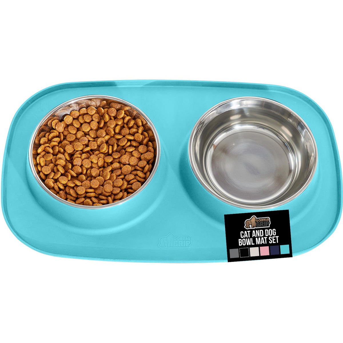 GORILLA GRIP Dog Bowl Set with Slip Resistant Silicone Feeding Mat, 3 Cup, Food Grade 304 Stainless Steel Bowls, BPA Free, High Edge Spill Containment, Dishwasher Safe, Finger Notch Removal, Beige
