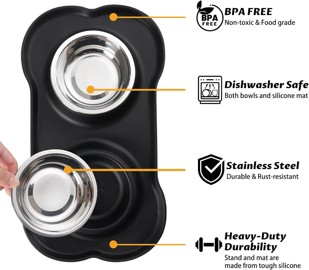 Hubulk Pet Dog Bowls 2 Stainless Steel Dog Bowl with No Spill Non-Skid Silicone Mat + Pet Food Scoop Water and Food Feeder Bowls for Feeding Small Medium Large Dogs Cats Puppies (M, Black)