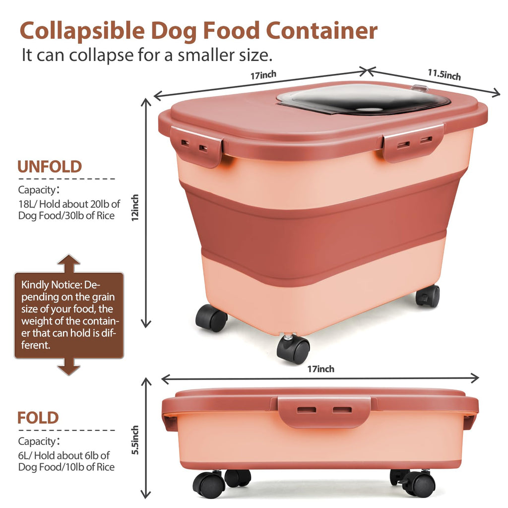 Viretec Dog Food Storage Container, 10-20Lbs Collapsible Pet Food Storage Containers with Rolling Wheel Airtight Locking Lid, Dry Food Storage Bin with Cup and Scoop,Suitable for Pet Food, Flour, Rice