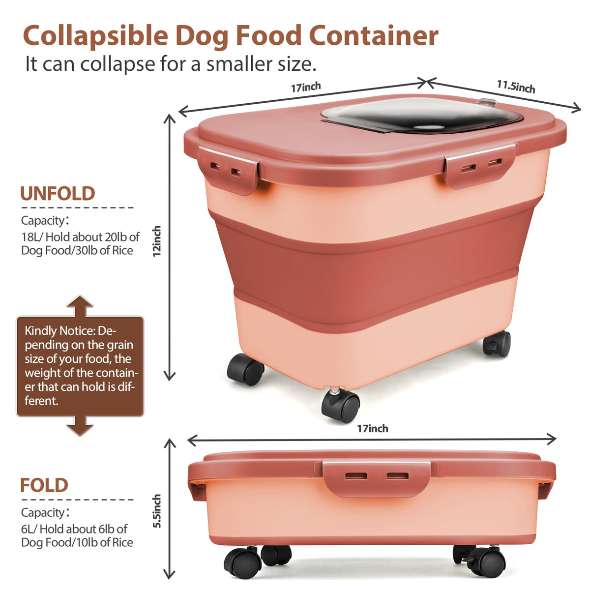 Viretec Dog Food Storage Container, 10-20Lbs Collapsible Pet Food Storage Containers with Rolling Wheel Airtight Locking Lid, Dry Food Storage Bin with Cup and Scoop,Suitable for Pet Food, Flour, Rice