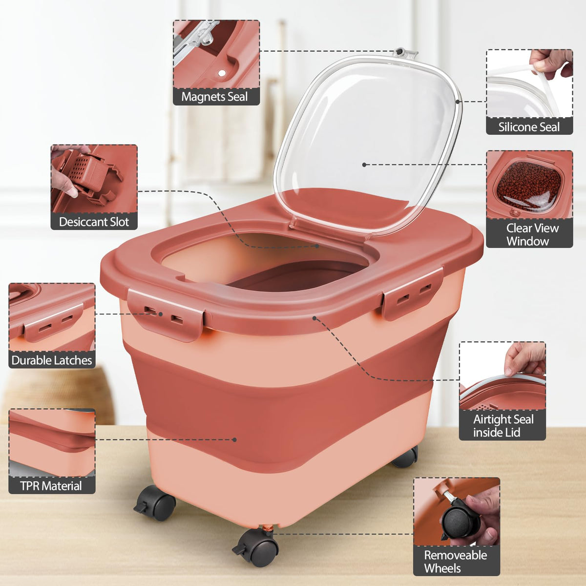Viretec Dog Food Storage Container, 10-20Lbs Collapsible Pet Food Storage Containers with Rolling Wheel Airtight Locking Lid, Dry Food Storage Bin with Cup and Scoop,Suitable for Pet Food, Flour, Rice