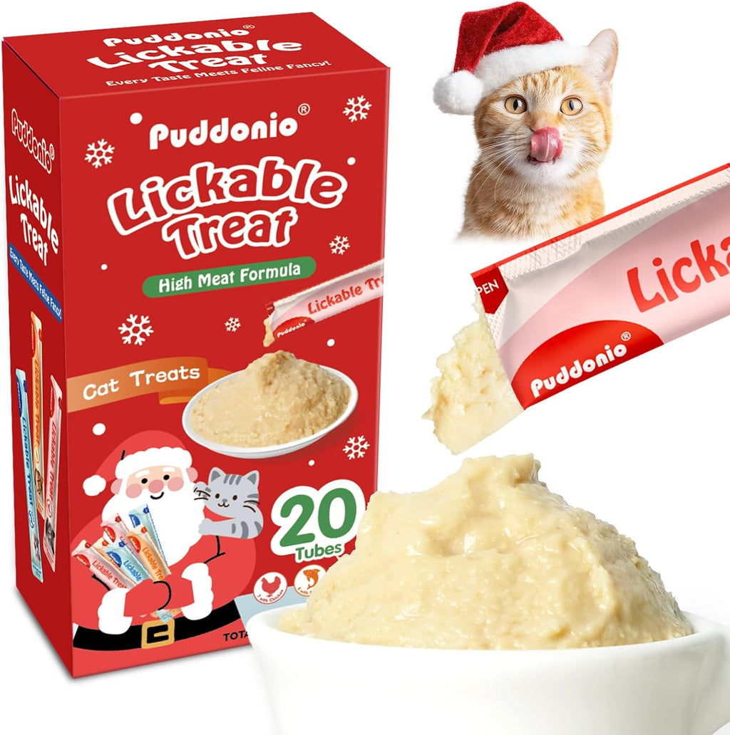 Lickable Cat Treats, High-Meat Puree, Grain & Gum Free, 20 Count | Three flavors—chicken, beef, and salmon—in twenty 0.5 oz tubes; high-meat puree for treating, topping, or hand feeding
