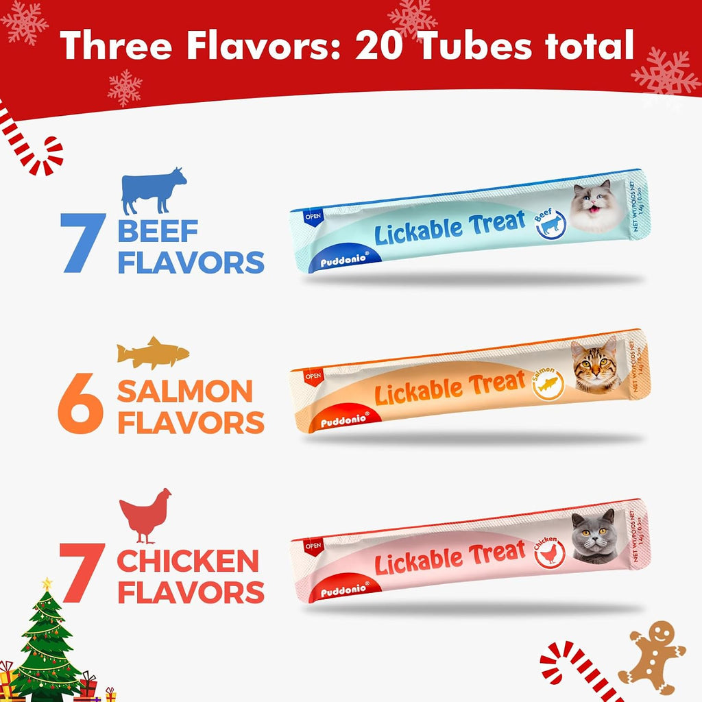 Lickable Cat Treats, High-Meat Puree, Grain & Gum Free, 20 Count | Three flavors—chicken, beef, and salmon—in twenty 0.5 oz tubes; high-meat puree for treating, topping, or hand feeding